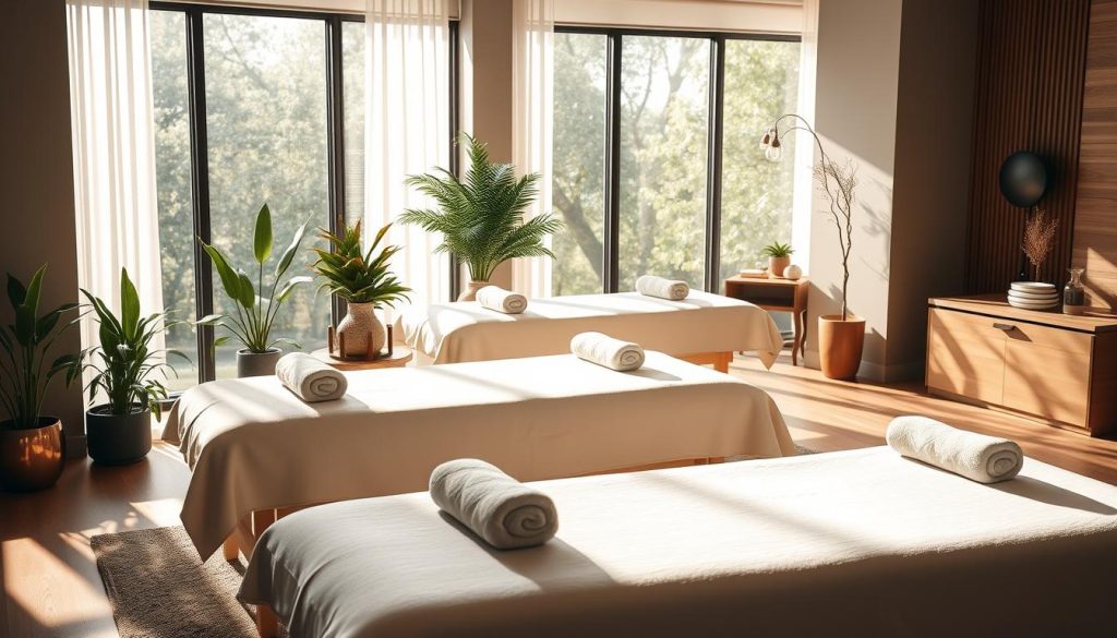 A serene massage studio with soothing natural light filtering through large windows. Plush massage tables arranged in a harmonious layout, adorned with soft, inviting linens. Potted plants and calming essential oil diffusers create a tranquil ambiance. Sleek, minimalist decor in earthy tones complements the peaceful atmosphere. Gentle shadows cast by the lighting accentuate the textures of the wooden accents. The scene exudes a sense of holistic wellbeing, inviting the viewer to indulge in a restorative and rejuvenating massage experience.