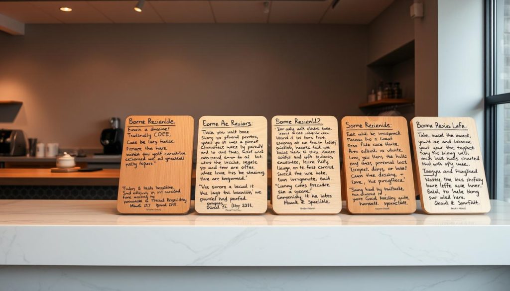A serene, minimalist cafe interior with soft lighting, highlighting a collection of handwritten customer reviews displayed on wooden boards, conveying a sense of authenticity and personal connection. The boards are arranged artfully on a sleek, marble countertop, creating a visually appealing and inviting atmosphere. The background features muted tones and subtle textures, allowing the reviews to take center stage and showcase the quality and care of the establishment. The overall mood is one of warmth, thoughtfulness, and attention to detail, reflecting the importance of customer feedback and the commitment to providing an exceptional experience.