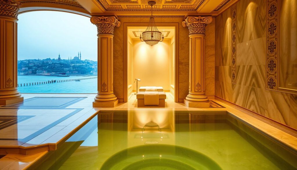 A serene oasis within the bustling city, the Sanitas Spa at Çırağan Palace Kempinski exudes a regal, timeless elegance. Ornate architectural details and intricate tilework adorn the grand, palatial interior, casting a warm, golden glow under soft, diffused lighting. In the foreground, a traditional Turkish hammam glimmers with polished marble, inviting visitors to indulge in restorative rituals. The middle ground reveals a tranquil spa treatment room, where plush textiles and gentle, atmospheric illumination create an atmosphere of pure relaxation. In the background, sweeping vistas of the Bosphorus and the historic Istanbul skyline can be glimpsed, reinforcing the sense of being transported to a realm of opulence and serenity, away from the city's frenetic pace.