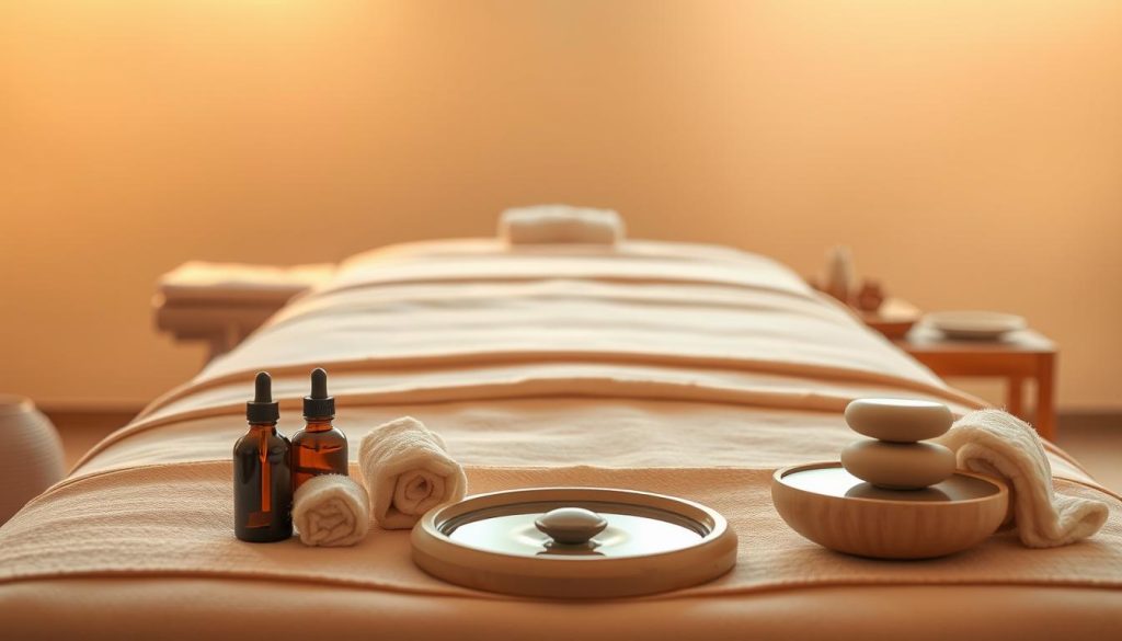 A serene scene of a massage table bathed in soft, warm lighting. The table is adorned with plush, cream-colored linens, inviting the viewer to relax and unwind. In the background, a soothing gradient of earthy tones, perhaps hinting at natural elements like wood or stone, creates a sense of tranquility. The foreground showcases various massage tools and accessories, such as essential oil bottles, fluffy towels, and a calming water feature, all meticulously arranged to convey the restorative benefits of massage. The overall atmosphere exudes a harmonious blend of comfort, wellness, and rejuvenation, perfectly capturing the essence of the article's section on the evidence-based benefits of massage for stress reduction, sleep improvement, and immune system enhancement.