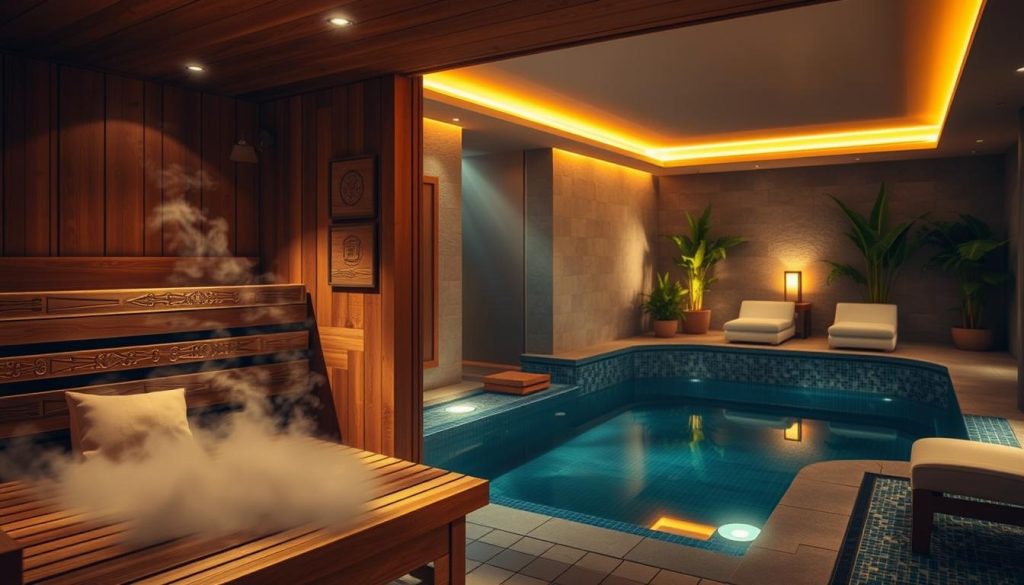 A serene spa interior, bathed in warm, diffused lighting. In the foreground, a wooden sauna with intricate carvings, steam billowing gently. In the middle ground, a tranquil hammam, its mosaic tiles glistening. In the background, a softly lit relaxation area, with plush loungers and lush greenery. The atmosphere exudes a sense of rejuvenation and deep cleansing, inviting visitors to unwind and reconnect with their inner balance.