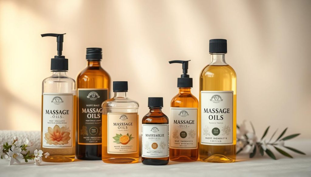 A serene still life composition showcasing an assortment of high-quality massage oils against a soft, blurred background. The oils are displayed in glass bottles or jars, their labels featuring natural, organic ingredients and soothing essential oil aromas. The lighting is warm and diffused, creating a calming, spa-like atmosphere. The arrangement is carefully styled, with the bottles positioned at various angles to create visual interest. The overall scene evokes a sense of relaxation and self-care, inviting the viewer to consider the benefits of selecting the right massage oil for a rejuvenating experience.