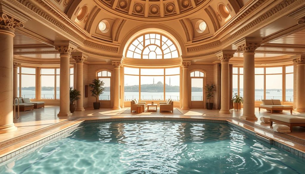 A serene, sunlit interior of the historic Üsküdar Hamam, its domed ceilings and ornate details bathed in warm, soft light. The foreground features a tranquil spa pool, its waters gently rippling, surrounded by intricate marble tiles and plush, luxurious towels. The middle ground showcases an elegant, contemporary spa lounge with modern furnishings, natural wood accents, and large windows offering panoramic views of the Bosphorus and the distant Istanbul skyline. The background depicts the iconic silhouette of Üsküdar's historic architecture, blending seamlessly with the serene, atmospheric setting.