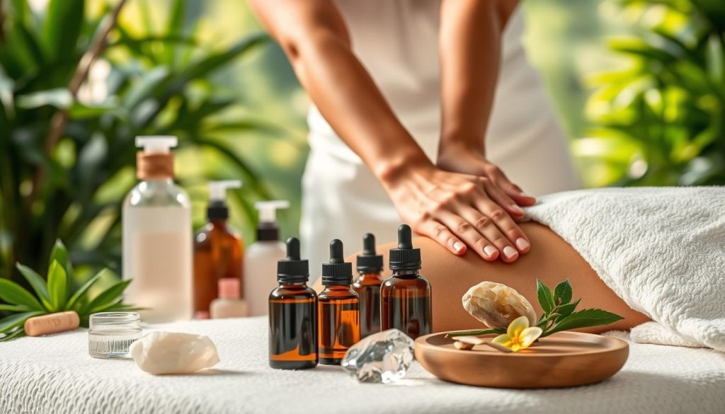 A serene, tranquil scene depicting various massage techniques and their benefits. In the foreground, a skilled masseuse's hands gently kneading and manipulating muscle tissue, showcasing the restorative power of touch. In the middle ground, a collection of essential oils, lotions, and soothing crystals, hinting at the holistic nature of massage therapy. The background features a calming, naturalistic setting with lush foliage, soft lighting, and a harmonious color palette, evoking a sense of relaxation and wellbeing. The overall composition conveys the therapeutic and rejuvenating effects of different massage modalities, from deep tissue to Swedish to aromatherapy, on the human body and mind.