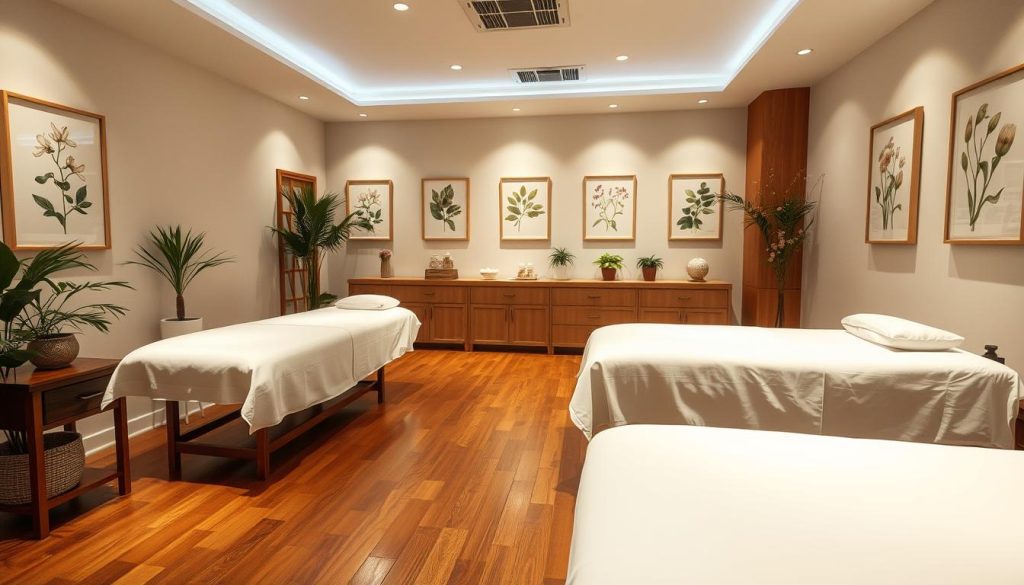 A serene, well-lit massage parlor interior with polished wood floors, soft lighting, and plush massage tables draped in crisp, white linens. Calming, nature-inspired decor such as potted plants and framed botanical prints adorn the walls. The room has an atmosphere of tranquility and cleanliness, conveying a sense of professional hygiene and attention to detail. Subtle, ambient music plays softly in the background, creating a soothing ambiance. The overall scene exudes a harmonious balance of comfort, relaxation, and impeccable standards of sanitization.