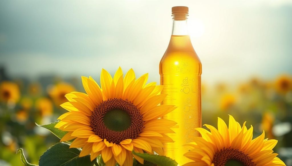 A sunlit bottle of golden sunflower oil prominently displayed, with lush sunflower petals cascading around it. The oil has a warm, glowing quality, reflecting the radiance of the sunflowers. In the background, a serene, blurred natural landscape unfolds, with soft, diffused lighting. The overall composition conveys the natural goodness and skin-nourishing properties of sunflower oil. The image has a balanced, elegant, and inviting aesthetic, suitable for illustrating the health benefits of this versatile oil.