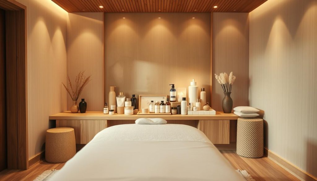A tranquil massage studio with soft lighting, natural wood tones, and plush textiles. In the foreground, a sleek, modern massage table invites relaxation. The middle ground features an array of massage oils, lotions, and tools meticulously arranged, conveying a sense of professionalism and attention to detail. The background showcases serene, minimalist decor, creating a calming ambiance. The overall scene exudes an atmosphere of luxury, comfort, and the promise of a rejuvenating, value-driven massage experience.