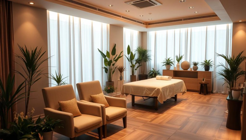 A well-lit and spacious massage parlor in Maltepe, with plush lounge chairs and soothing decor. The room features soft, warm lighting, creating a relaxing ambiance. Potted plants and natural elements add a touch of tranquility. The massage tables are positioned discreetly, ensuring privacy. The scene conveys a sense of professionalism and attention to detail, catering to the needs of the local community.