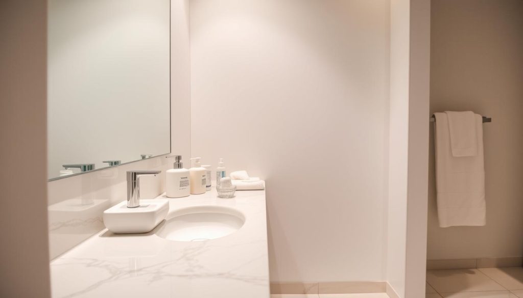A well-lit, clean, and orderly bathroom setting. A range of personal hygiene products neatly arranged on a marble countertop, including soap, shampoo, toothpaste, and a sanitized towel. Soft, diffused lighting creates a calming, professional atmosphere. The room is free of clutter, with a sleek, minimalist design. The tiled floor and walls are spotless, conveying a sense of pristine cleanliness. The overall mood is one of meticulous attention to hygiene and safety, reflecting the importance of personal care in a massage therapy setting.