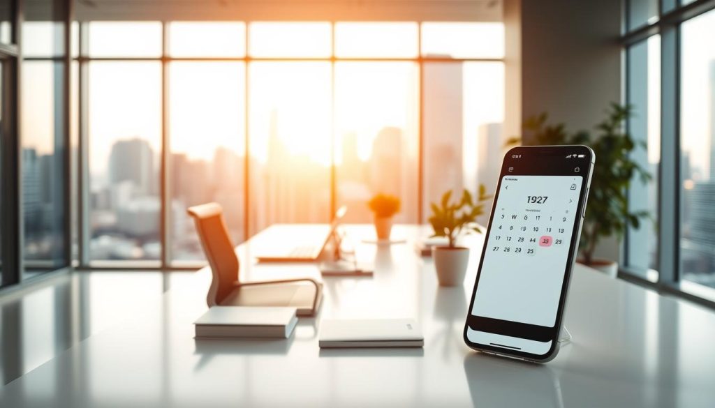 A well-lit, modern office interior with a sleek, minimalist desk and chair arrangement. In the foreground, a smartphone displays a calendar app with appointment details. The middle ground features neatly organized office supplies and a potted plant, conveying a sense of professionalism and efficiency. The background showcases large windows overlooking a bustling city skyline, bathed in warm, golden natural lighting. The overall atmosphere is one of productivity, accessibility, and seamless communication.