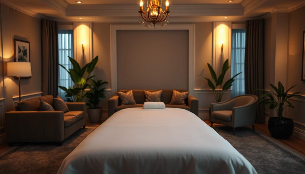 An elegant, dimly lit living room with a plush sofa and cozy armchair. Soft ambient lighting casts a warm glow, creating a serene, inviting atmosphere. In the center, a professional massage table stands ready, adorned with crisp white linens. Lush potted plants and a minimalist decor add to the tranquil, spa-like ambiance. The room conveys a sense of comfort, relaxation, and personalized, high-quality service, perfect for an in-home massage experience.