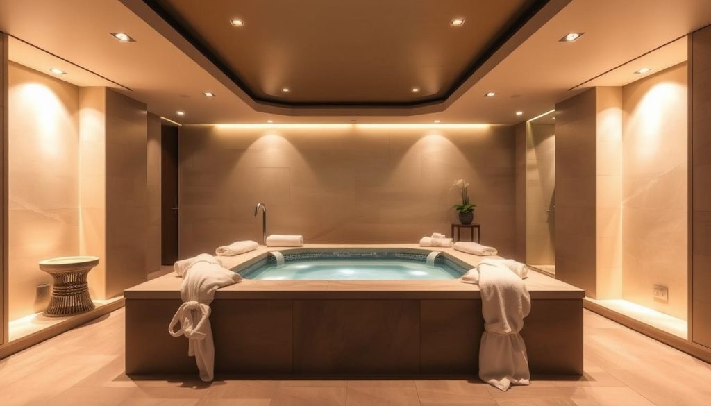 An opulent, luxurious spa interior with a serene and calming ambiance. The space features a minimalist design with clean lines, neutral tones, and natural materials such as wood and stone. A central feature is a large, inviting hot tub surrounded by plush towels and robes, creating a cozy and indulgent atmosphere. Soft lighting, perhaps from recessed ceiling fixtures, casts a warm glow throughout the room. The overall scene conveys a sense of relaxation, pampering, and high-end hygiene standards, suitable for a VIP massage therapy experience.