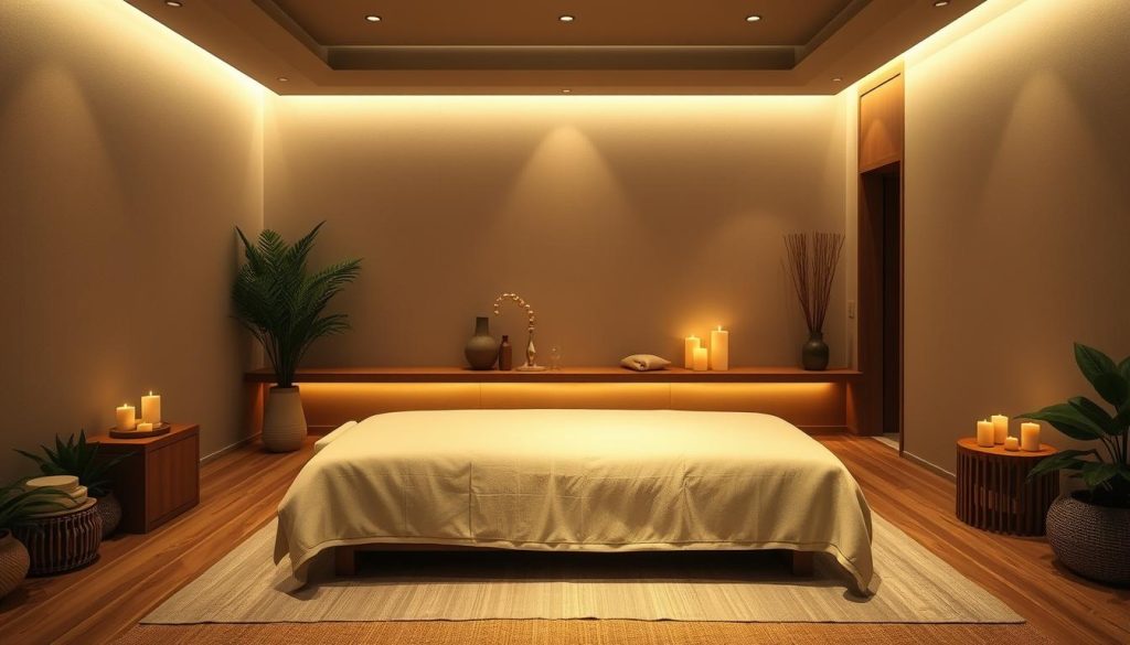 Elegant and soothing classical massage scene in a tranquil spa setting. Soft, indirect lighting illuminates the plush, minimalist decor. A single massage table is positioned in the middle, surrounded by lush greenery and wooden accents. Serene ambiance evoked through muted colors, natural textures, and a sense of balance and harmony. Subtle hints of aromatherapy candles or essential oils contribute to the calming atmosphere. The scene conveys a peaceful, restorative experience tailored for the discerning clientele seeking a high-quality, traditional massage.