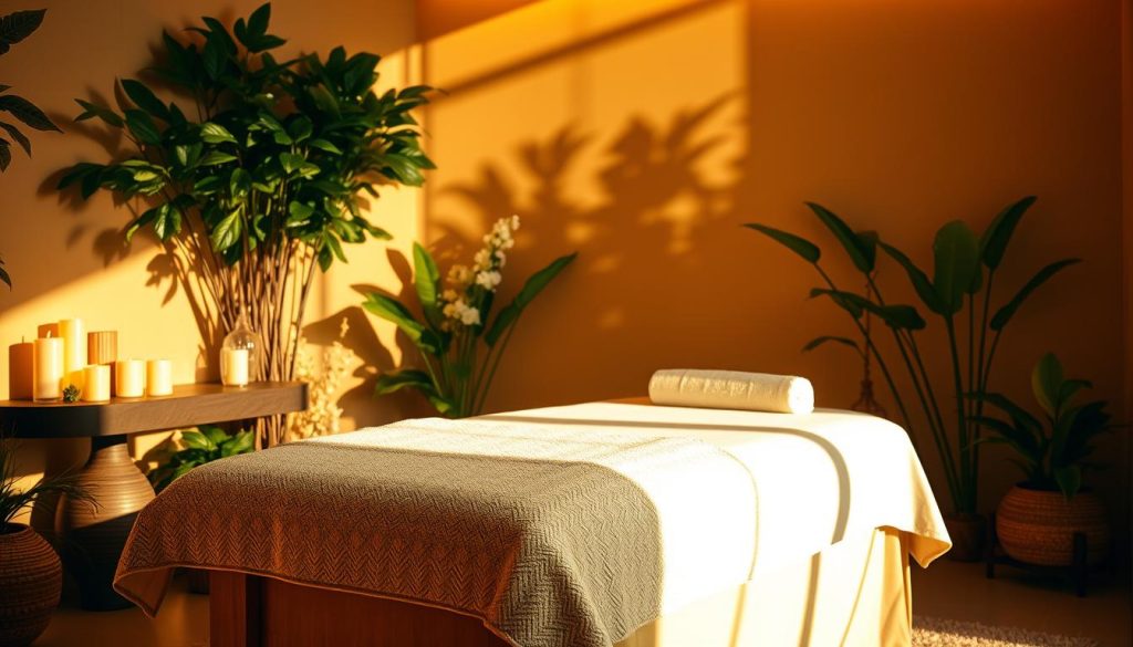 Serene spa setting with lush foliage, warm lighting, and the tranquil atmosphere of a luxurious massage treatment. A plush massage table takes center stage, surrounded by an array of soothing candles, essential oils, and soft, textured fabrics. The room is bathed in a golden glow, creating a calming, restorative ambiance. Shadows play across the walls, accentuating the elegant curves and shapes of the space. The overall composition conveys a sense of indulgence, relaxation, and personalized attention to detail, reflecting the "VIP İstanbul Masaj Terapisti Hizmetleri: Size Özel Bakım Paketleri ve teknik içerikler" experience.