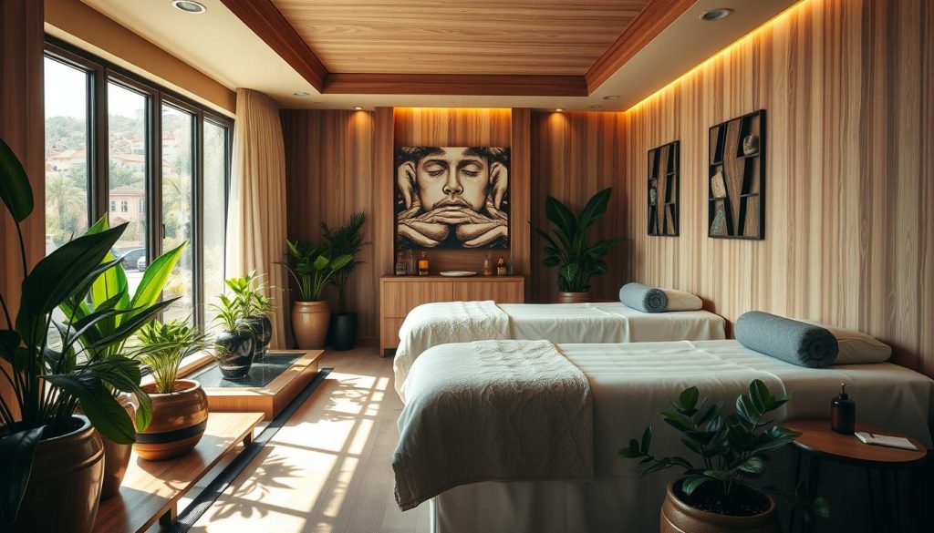 A cozy and elegant boutique massage center nestled in the vibrant Anatolian side of Istanbul. The interior exudes a serene and inviting ambiance, with soft lighting, plush fabrics, and natural wood accents. Lush potted plants and soothing water features create a calming oasis amidst the bustling city. Sunlight filters through large windows, casting a warm glow over the beautifully designed treatment rooms. Clients can indulge in a range of therapeutic massages, each tailored to their individual needs, promoting physical and mental well-being. The space radiates a sense of tranquility, inviting visitors to escape the stresses of everyday life and immerse themselves in a holistic wellness experience.