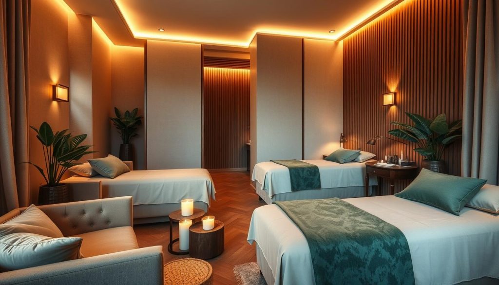 A cozy and inviting interior of a boutique massage center in Istanbul. The space is bathed in warm, ambient lighting, creating a serene and relaxing atmosphere. Plush, high-end furnishings in muted tones of beige, green, and brown complement the natural wood accents. Soft, textured fabrics and plants add a touch of elegance, while strategically placed candles and incense diffusers contribute to the calming, spa-like ambiance. The layout features intimate treatment rooms, each designed to offer a private and personalized experience. The overall impression is one of refined sophistication and a sanctuary from the bustling city outside.