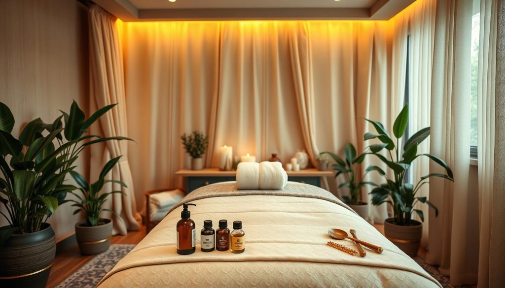 A cozy and inviting massage parlor, with warm lighting and plush decor, showcasing the allure of a boutique massage experience. The scene depicts a serene and tranquil atmosphere, with lush potted plants, soft fabrics, and a calming color palette of beige, taupe, and sage. The focus is on the inviting massage table, surrounded by artfully arranged massage oils, soothing essential oils, and a selection of high-quality massage tools, conveying the attention to detail and personalized care that a boutique massage service provides. The overall impression is one of luxury, relaxation, and a welcoming atmosphere that caters to the discerning client seeking a truly indulgent and rejuvenating massage experience.