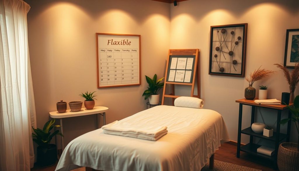 A cozy and inviting massage studio, bathed in soft lighting. The plush massage table takes center stage, neatly arranged with pristine linens and a selection of soothing oils. Nearby, a schedule board displays the flexible appointment times, conveying a sense of personalized attention and care. The atmosphere is serene, with subtle nature-inspired decor, such as potted plants and calming artwork, creating a tranquil ambiance. Warm wood tones and muted earth-toned accents blend harmoniously, evoking a sense of comfort and relaxation. The overall composition suggests a boutique massage experience tailored to the individual's needs and schedule.