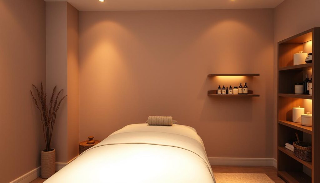 A cozy and serene massage room, softly lit by warm ambient lighting. A plush massage table stands in the center, draped with luxurious linens. Soothing aromas of essential oils fill the air, creating a calming atmosphere. In the background, a neutral-toned wall provides a minimalist backdrop, while discreet shelves hold an assortment of massage tools and products. The scene evokes a sense of tranquility and care, inviting the viewer to experience the rejuvenating process of a professional massage.