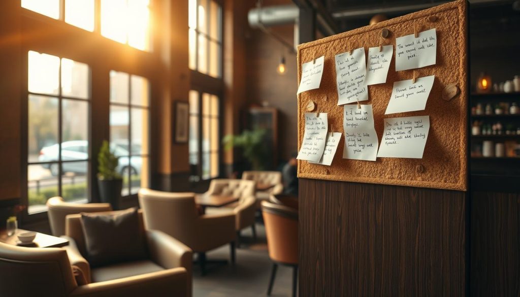 A cozy café setting, with plush armchairs and wooden tables, bathed in warm, golden light filtering through large windows. Handwritten customer reviews are pinned to a cork board, their pages fluttering gently in a soft breeze. The atmosphere exudes a sense of intimacy and authenticity, inviting the viewer to immerse themselves in the genuine experiences shared by patrons. The scene conveys the power and influence of real-world testimonials, reflecting the essence of the "Müşteri Yorumları ve Gerçek Deneyimlerin Gücü" section.