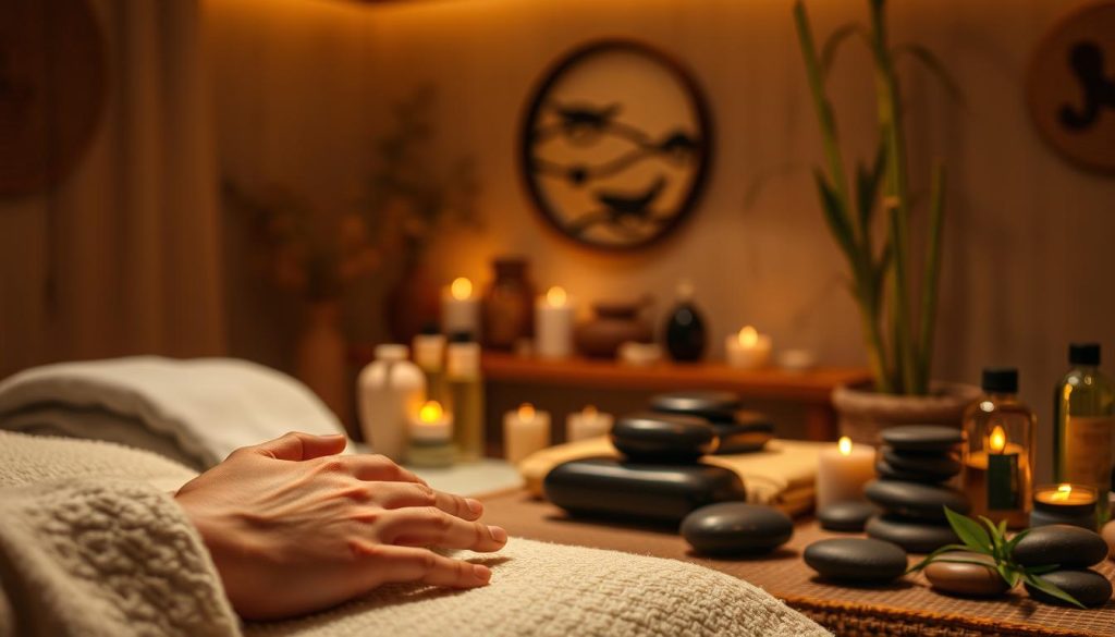 A cozy, dimly lit room with soft, warm lighting illuminating a variety of massage tools and oils. In the foreground, delicate hands expertly kneading and manipulating muscle tissue, while in the middle ground, an assortment of massage techniques are depicted, such as hot stone therapy, deep tissue massage, and aromatherapy. In the background, a serene atmosphere with soothing natural elements like bamboo, river stones, and calming colors creates a tranquil, spa-like ambiance. The overall scene conveys a sense of relaxation, rejuvenation, and the exceptional quality of boutique massage services.