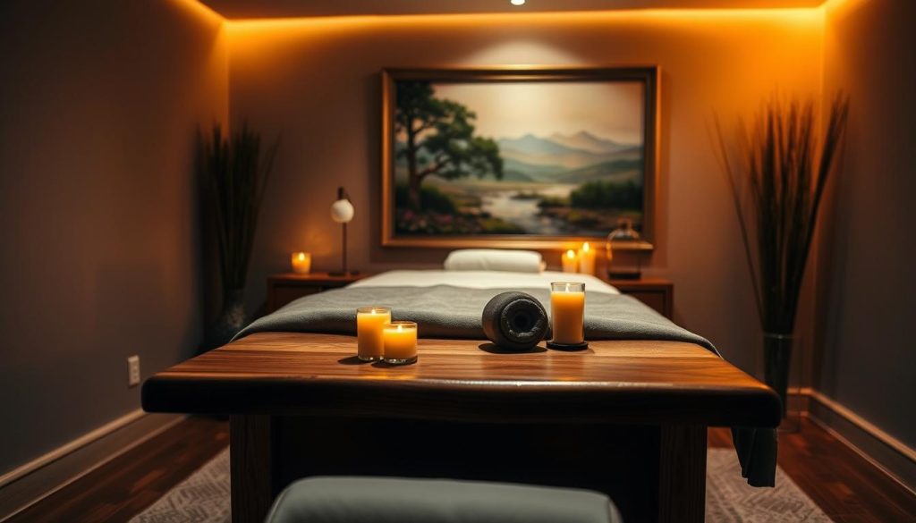 A cozy, dimly lit room with warm lighting and soft textures. A beautifully crafted wooden massage table takes center stage, adorned with plush linens and aromatherapy candles. In the background, a serene landscape painting sets the tone for a tranquil, personalized massage experience. The camera angle captures the table from a slightly elevated perspective, emphasizing the attention to detail and the inviting atmosphere. The overall mood is one of relaxation, comfort, and a unique, personalized touch.
