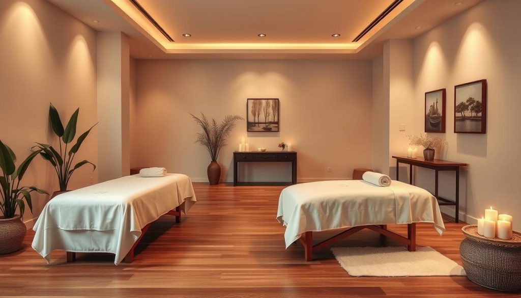 A cozy, elegantly designed boutique massage studio with soft, muted lighting and luxurious textures. Plush massage tables draped in crisp white linens sit atop a polished hardwood floor, with serene plant life and subtle artwork adorning the walls. Warm, natural tones and clean, minimalist decor create an atmosphere of tranquility and sophistication. A soothing ambiance is enhanced by the gentle glow of candles and the subtle fragrance of essential oils wafting through the air. The overall scene evokes a sense of relaxation, pampering, and a retreat from the bustling city outside.