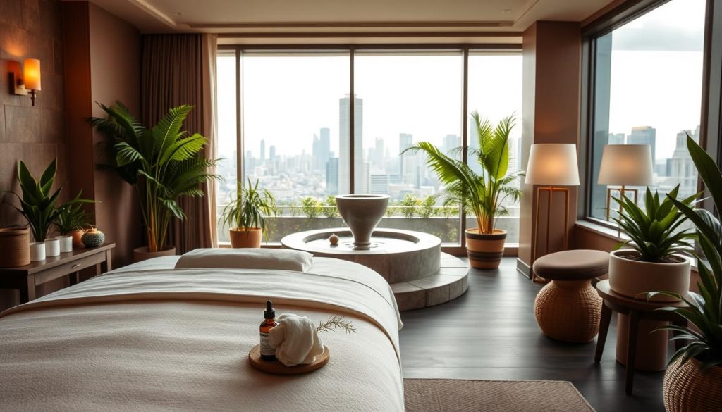 A cozy, inviting boutique spa, softly lit with warm sconces. In the foreground, a luxurious massage table with plush linens and a selection of massage oils. Delicate ferns and potted plants adorn the space, creating a serene, natural ambiance. The middle ground features a tranquil water feature, its gentle sounds promoting relaxation. The background showcases floor-to-ceiling windows, allowing natural daylight to filter in and highlighting the city skyline outside, suggesting an urban oasis of calm. An overall atmosphere of mindfulness and escape from the stresses of city life.