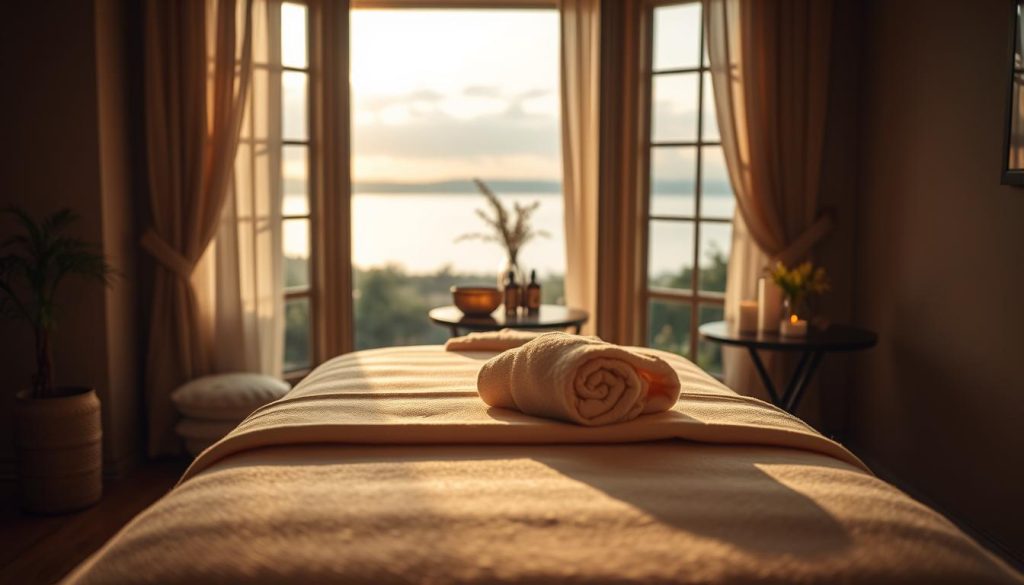 A cozy, relaxing massage studio with soft lighting and calming ambiance. In the foreground, a massage table draped with a soft, plush towel, inviting the viewer to experience the tranquility of a daily massage ritual. The middle ground features a side table with essential oils, candles, and other massage accoutrements, creating a soothing atmosphere. The background showcases a serene landscape through a large window, perhaps a peaceful garden or a calming seascape, adding to the overall sense of rejuvenation and mindfulness. The image conveys a sense of harmony, balance, and the importance of incorporating restorative practices into one's daily routine.