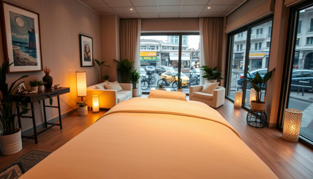 A cozy, well-appointed interior of a boutique massage center in Istanbul. The foreground features an inviting massage table with luxurious linens and plush pillows, bathed in warm, gentle lighting. The middle ground showcases a serene ambiance with calming artwork, potted plants, and minimalist furniture that radiates a sense of tranquility. In the background, large windows overlook the vibrant city streets, creating a serene oasis in the heart of the bustling metropolis. The atmosphere evokes a feeling of relaxation, renewal, and a heightened awareness of one's own mind and body.