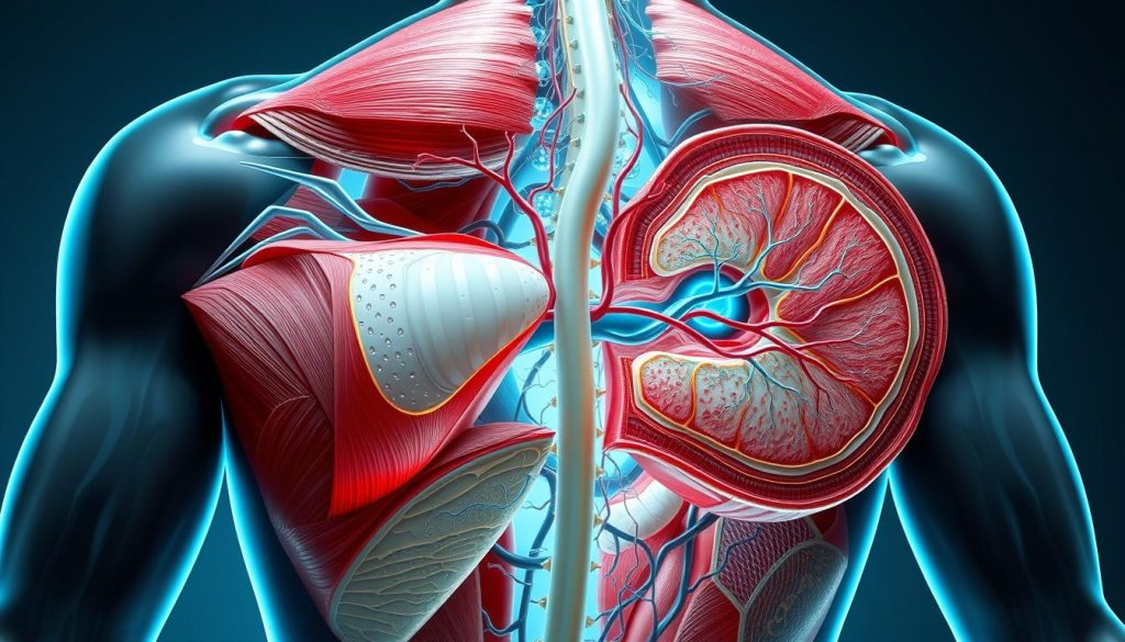 A detailed cross-section of the complex mechanisms underlying the scientific principles of massage therapy. Depicting the intricate interplay of muscle tissue, circulatory systems, and neurological pathways, rendered in a realistic, anatomical style. The composition showcases the layered structures of the body, highlighted by a cool, clinical lighting scheme and a crisp, high-resolution rendering. The overall aesthetic conveys a sense of scientific rigor and medical precision, aligning with the themes of the "Bilimsel Arka Plan: Vücudunuz Masajla Nasıl Tepki Verir?" section.