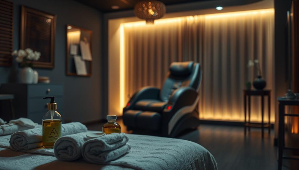 A dimly lit massage parlor interior, featuring a stylish yet cozy atmosphere. In the foreground, a neatly arranged table with fresh towels, massage oils, and a serene ambiance. The middle ground showcases a high-quality massage chair, inviting the viewer to imagine the relaxing experience. The background subtly hints at the professionalism of the establishment, with tasteful decor and soft, warm lighting that sets the mood. The overall scene conveys a sense of tranquility, expertise, and care, guiding the viewer towards making a wise, informed decision when selecting a skilled, trustworthy massage therapist.