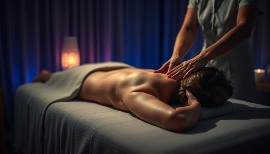 A dimly lit massage studio, with soothing ambient lighting and soft textured linens. A woman reclines face-down on a massage table, her back exposed as a skilled masseuse applies gentle, flowing strokes with their hands, working to alleviate tension and soothe aching muscles. The scene exudes a sense of tranquility and relaxation, with the masseuse's movements conveying a therapeutic touch that helps to melt away pain and elevate the recipient's mood. The overall composition is balanced and serene, with a focus on the masseuse's hands and the recipient's peaceful expression.