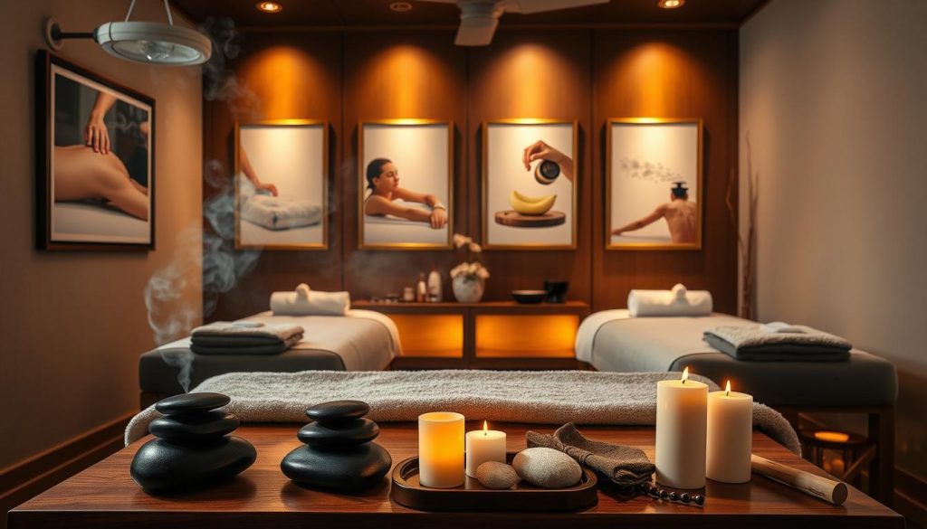 A dimly lit, serene massage studio with warm, natural lighting. Elegant wooden tables with plush, folded towels. Soothing essential oils diffuse in the air, creating a calming ambiance. On the walls, framed artworks depicting various massage techniques - deep tissue, Swedish, hot stone, aromatherapy. In the foreground, a selection of massage tools and accessories - river stones, bamboo sticks, fragrant candles. The scene conveys a sense of tranquility, inviting the viewer to experience the different massage modalities and find the one most suitable for their well-being.