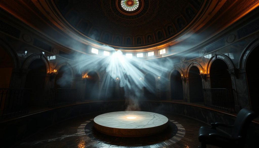 A dimly lit, traditional Turkish bath (hamam) interior, with a central domed ceiling and warm, natural light filtering through intricate marble and stone patterns. Steamy mist swirls around the large, heated marble slab in the center, creating a mesmerizing, ethereal atmosphere. Ornate wall niches, alcoves, and archways frame the scene, hinting at the grand, historic architecture. The reflective, wet surfaces of the marble and tile create a captivating play of light and shadow, evoking the timeless ritual of cleansing and relaxation. A sense of tranquility, heritage, and the soothing power of water and heat permeates the space.