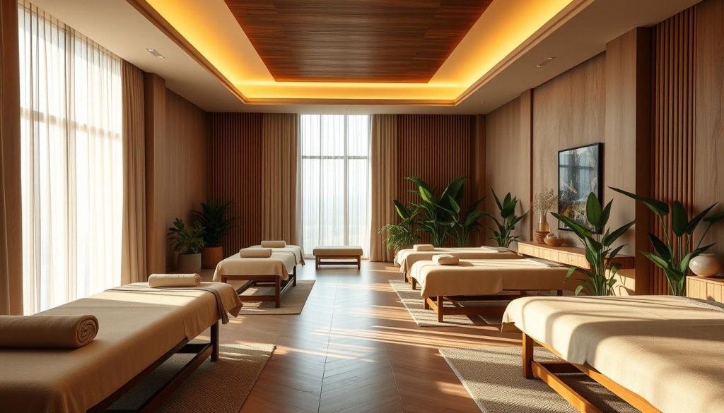 A luxurious yet natural massage studio, bathed in warm, soft lighting that creates a serene, tranquil ambiance. The spacious room features elegant, minimalist decor with natural wood accents and lush, verdant plants that blend seamlessly with the earthy tones of the design. Plush, comfortable massage tables are arranged in a way that invites relaxation, while large windows allow natural daylight to filter in, casting a gentle glow over the entire space. The overall atmosphere conveys a harmonious balance between opulence and simplicity, where the senses are soothed and the mind is allowed to drift into a state of pure calm.