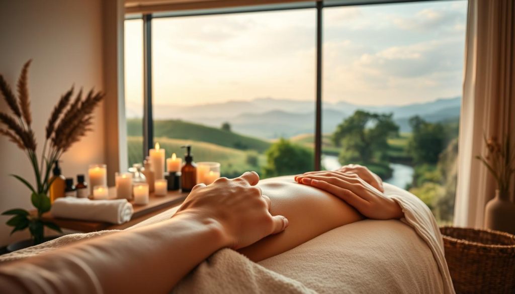 A peaceful, tranquil massage studio with soft, warm lighting and soothing aromatherapy. In the foreground, a professional masseuse's hands gently kneading and soothing tense muscles, promoting relaxation and stress relief. The middle ground features a variety of natural massage oils, candles, and other calming accoutrements. In the background, a serene landscape with rolling hills, a calming stream, and lush, verdant foliage, evoking a sense of harmony and well-being. The overall atmosphere is one of restorative calm, inviting the viewer to experience the physical and mental benefits of a therapeutic massage.