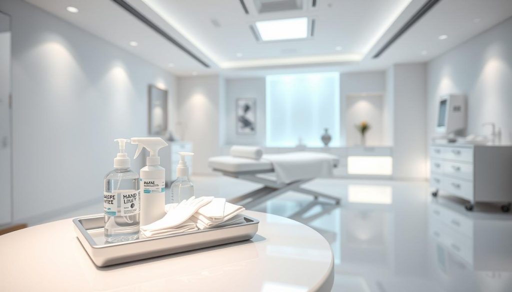 A pristine, sterile healthcare facility with gleaming white surfaces and meticulously organized medical equipment. The lighting is bright and diffused, casting a clean, clinical atmosphere. In the foreground, a tray of disinfectant wipes, disposable gloves, and hand sanitizer conveys the strict hygiene protocols observed. The midground features a sleek, modern massage table draped in crisp, white linens. The background showcases minimalist decor and soothing pastel accents, evoking a serene, tranquil ambiance. The overall impression is one of strict adherence to health and safety standards, with a refined, spa-like aesthetic.