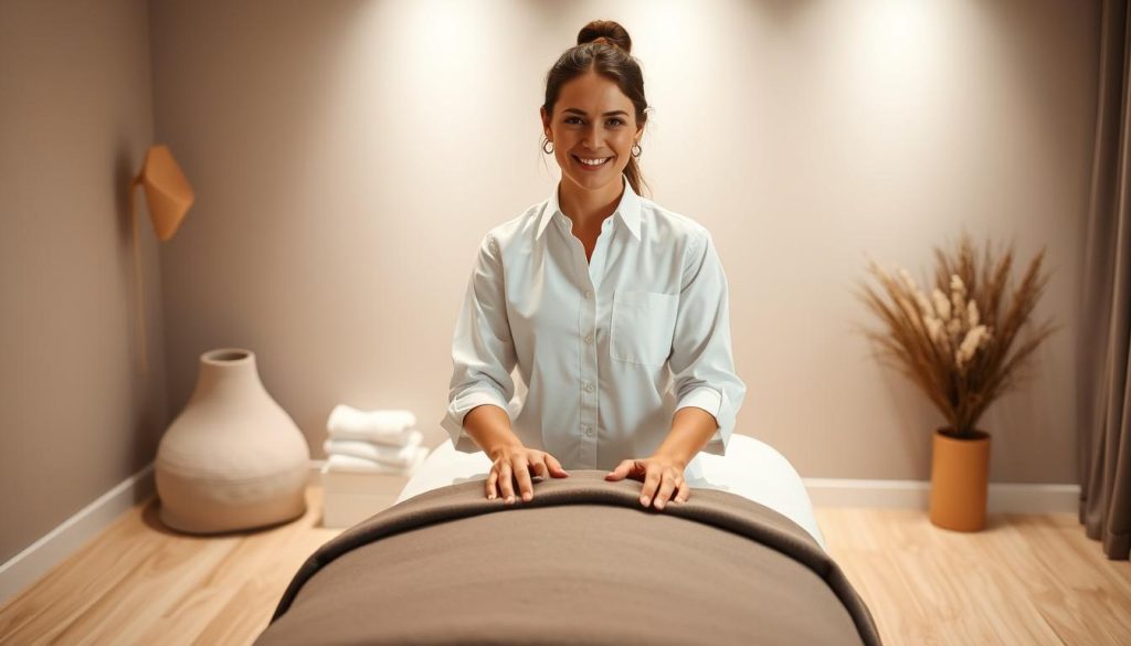 A professional, experienced massage therapist named Jülide, standing in a serene, minimalist studio with soft lighting. Jülide, wearing a crisp white shirt, exudes a warm, caring presence as she prepares to provide a personalized, soothing massage treatment. The treatment table is made of natural wood, and the room features calming tones of beige and gray, creating a tranquil, spa-like ambiance. Jülide's skilled hands and attentive demeanor suggest a holistic, therapeutic approach to massage, reflecting her expertise and dedication to client wellbeing.