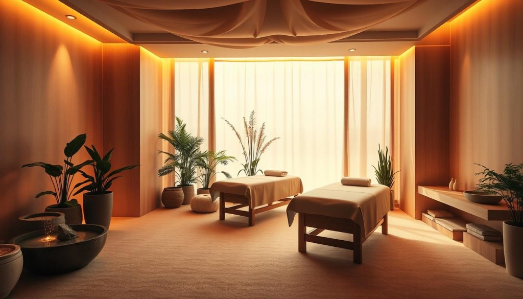 A serene and inviting massage studio, bathed in warm, soft lighting. Plush, earthy-toned textiles and natural wood accents create a calming, harmonious ambiance. Lush potted plants and soothing water features add to the tranquil atmosphere. Diffused lighting casts a gentle, golden glow, evoking a sense of peace and relaxation. The space is designed with clean, minimalist lines, allowing the focus to be on the soothing experience. Comfortable massage tables are positioned strategically, ensuring privacy and comfort. An overall sense of hush and serenity pervades the space, inviting guests to unwind and surrender to the restorative power of the massage.