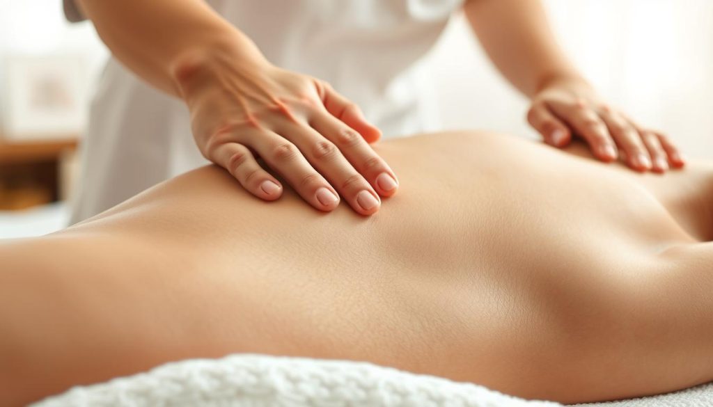 A serene and tranquil massage scene, captured in a soft, natural light. A skilled masseuse's hands delicately work the muscles, coaxing deep relaxation and balance. The model features a close-up view of the massage technique, showcasing the intricate hand movements and pressure points. The background is blurred, allowing the focus to remain on the massage process. The overall atmosphere evokes a sense of calm and rejuvenation, reflecting the section's theme of "Profesyonel Masözlerden Butik Masaj Teknikleri: Zihin ve Beden Dengesi İçin Özel Yöntemler".