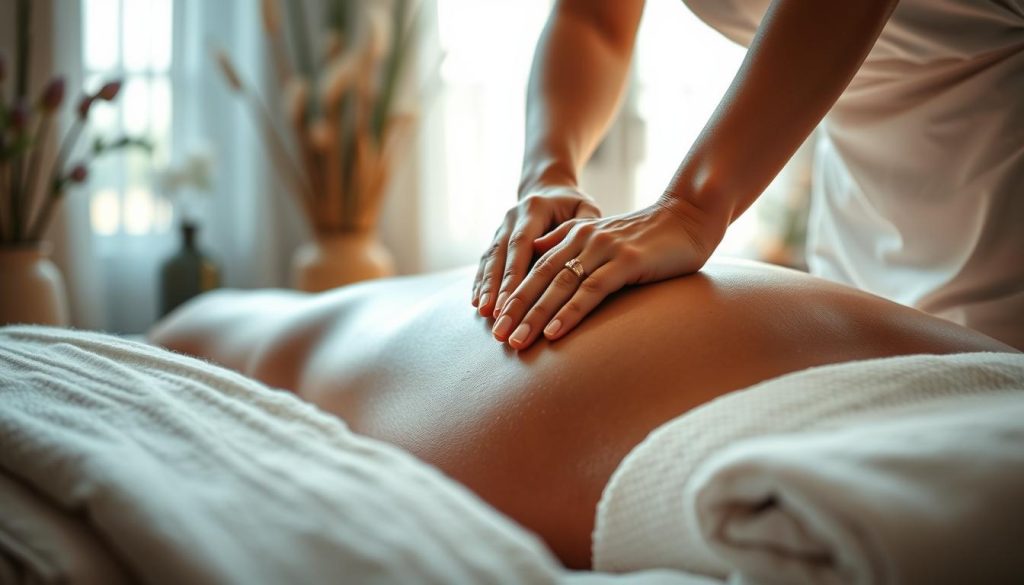 A serene and tranquil massage studio, bathed in soft natural light. The masseuse's skilled hands gently knead and manipulate the client's muscles, stimulating blood flow and circulation. Warm, aromatic oils glisten on the skin, as soothing music plays in the background. The scene exudes a sense of rejuvenation and youthful vitality, capturing the essence of the "Kan Dolaşımını Hızlandırma ve Gençlik Etkisi" section. Attention to detail in the studio's decor and the masseuse's technique is paramount, conveying the professionalism and expertise of the "Butik Masajın Gizli Etkileri" practice.