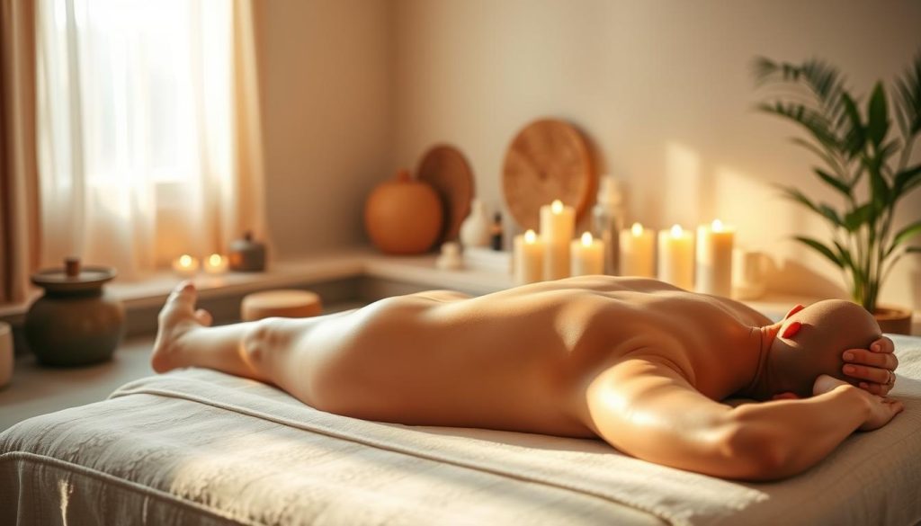 A serene and tranquil massage therapy scene. In the foreground, a relaxing full-body massage with warm, soothing motions on a padded table. Soft, natural lighting from a window casts a calming glow. In the middle ground, a collection of essential oils, candles, and other massage tools arranged neatly. The background features a minimalist, zen-inspired interior with earthy tones and natural textures, creating a peaceful, restorative atmosphere. The overall mood is one of deep relaxation, balance, and renewal of the mind and body.