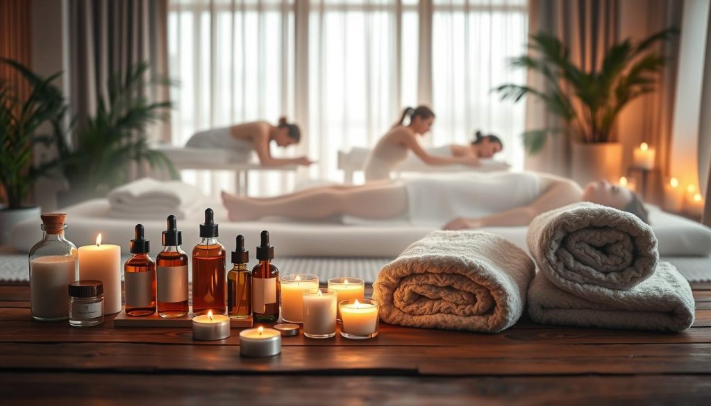 A serene and tranquil scene showcasing various types of boutique massage therapies. The foreground features an array of massage oils, candles, and plush towels arranged neatly on a wooden surface. The middle ground depicts a range of massage techniques, from deep tissue to aromatherapy, with ethereal silhouettes of hands gently working on relaxed bodies. The background is a softly lit, soothing environment, with wispy curtains and potted plants creating a calming, spa-like atmosphere. The overall mood is one of rejuvenation, indulgence, and a sense of escape from the bustling city outside. Soft, diffused lighting casts a warm, inviting glow, while the composition and attention to detail convey the luxurious and personalized nature of boutique massage experiences.
