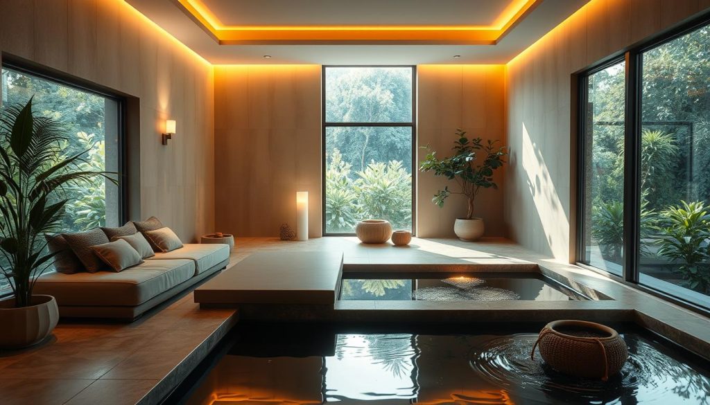 A serene and tranquil spa oasis nestled in the heart of Anadolu Yakası, Istanbul. A softly lit, intimate interior with plush, inviting couches and a soothing water feature casting gentle reflections. Warm, earthy tones and natural textures create a calming ambiance, while large windows offer glimpses of lush greenery outside. Diffused, natural lighting bathes the space in a warm, golden glow, and a minimalist yet elegant aesthetic pervades the scene. A cozy, restorative retreat perfect for weary souls seeking respite and relaxation.