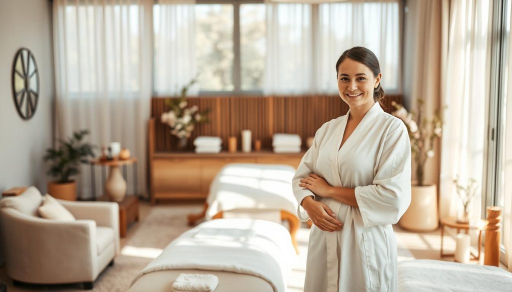 A serene and welcoming massage studio, bathed in soft, natural lighting that filters through large windows. Plush, neutral-toned furnishings create a calming ambiance, while delicate floral accents and soothing aromatherapy candles add a touch of elegance. In the foreground, a professional masseuse, clad in crisp white linens, stands ready to greet the client with a warm, compassionate demeanor. The overall scene conveys a sense of trust, comfort, and a commitment to holistic well-being.