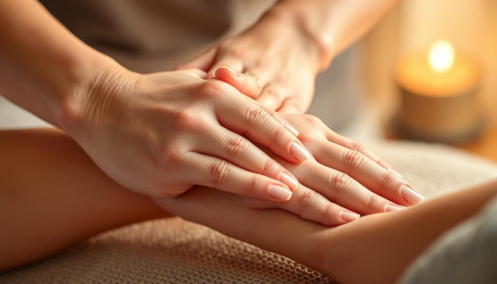 A serene close-up image of delicate hands gently massaging the forearm and wrist area, with a warm, soft lighting illuminating the scene. The hands are depicted with a caring, soothing touch, using gentle kneading and circular motions to promote relaxation. The background is blurred, with a subtle, calming palette that emphasizes the therapeutic nature of the massage. The composition is well-balanced, showcasing the intricacy of the massage techniques in a visually appealing and tranquil manner.