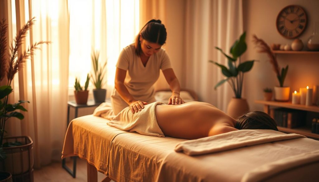 A serene, dimly lit massage studio bathed in warm amber tones. A therapist's skilled hands gently kneading the back of a patient lying on a professional massage table, their face obscured. Soft, soothing music plays in the background, creating an atmosphere of tranquility and relaxation. The space is adorned with calming, natural elements like potted plants, natural wood accents, and plush textiles. Diffuse lighting filters through gauzy curtains, casting a calming, therapeutic glow. The overall scene conveys a deep sense of comfort, care, and the restorative power of therapeutic touch to alleviate anxiety and depression.