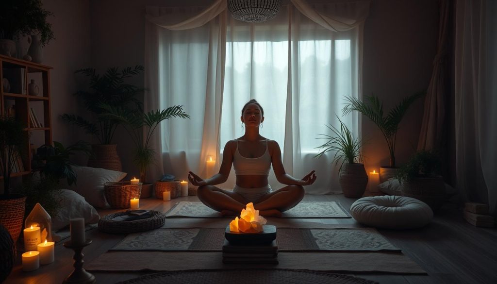 A serene, dimly lit room filled with natural elements like plants, crystals, and soothing fabrics. In the center, a person sits cross-legged, eyes closed, engaging in a meditative pose. Soft, diffused lighting casts a warm glow, highlighting the harmonious connection between their mind and body. The scene exudes a sense of tranquility, balance, and introspection, reflecting the core techniques of mind-body integration.