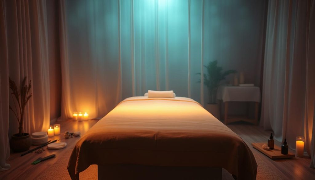 A serene, dimly lit room, with warm, soft lighting casting a gentle glow. In the center, a massage table is draped with soft, luxurious linens, inviting the viewer to imagine the peaceful and rejuvenating experience of a relaxing massage. The background is hazy, with muted tones of calming blues and greens, creating a sense of tranquility and escape. Scattered around the room are various massage tools and oils, suggesting the steps of a holistic energy cleansing ritual. The overall atmosphere evokes a sense of balance, harmony, and the restoration of positive energy within the body.